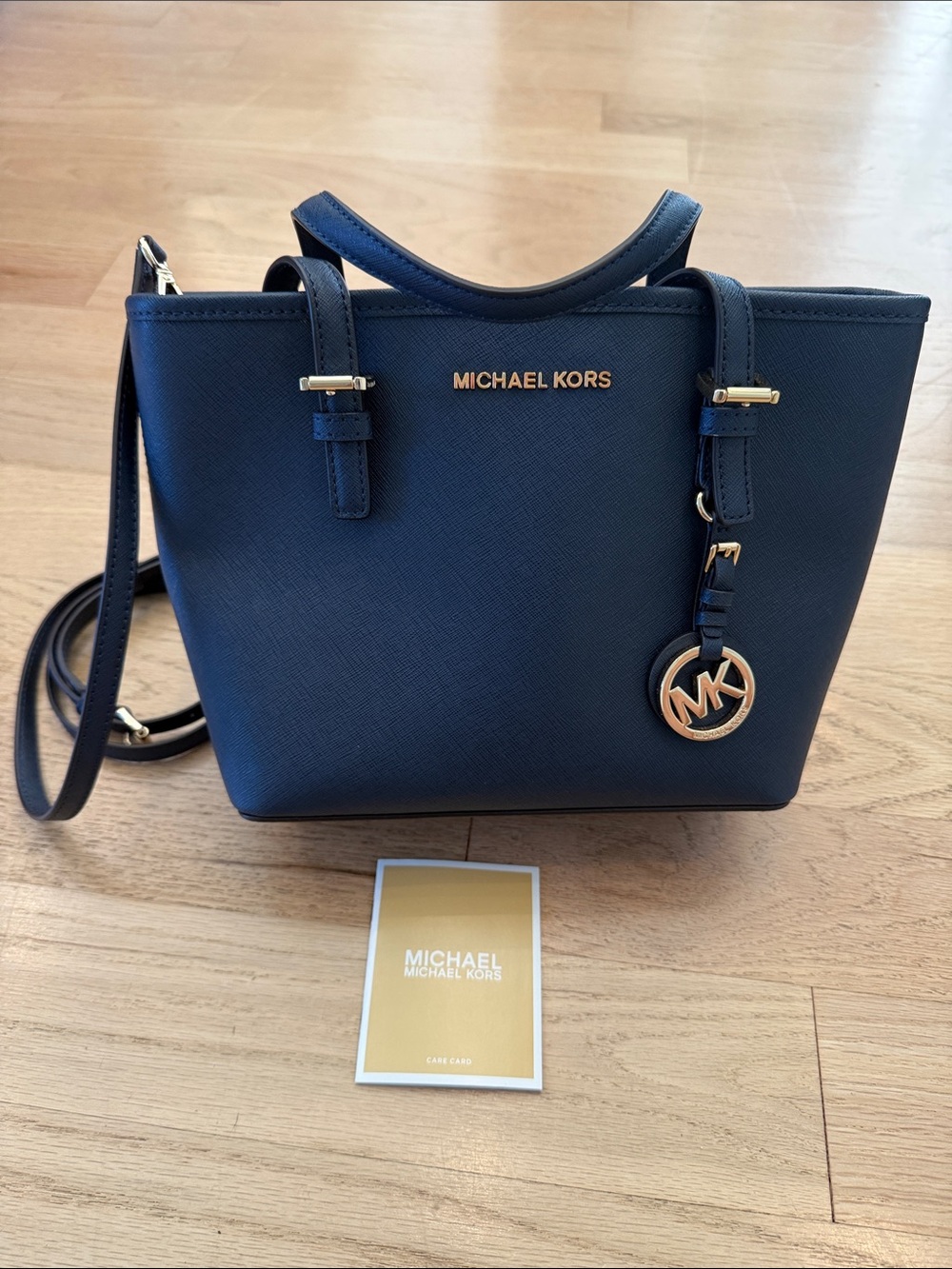 Michael Kors Navy Saffiano Satchel with Gold Hardware